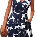 GUBERRY Womens Wrap V Neck Sleeveless Sundress Summer Flare Tank Dress with Pockets (Small, Blue/White)