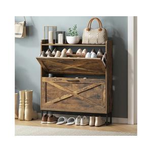 Maupvit Shoe Storage Cabinet with 2 Flip Drawers, Freestanding Shoe Organizer with Metal Legs for Entryway, Narrow Shoe Rack Cabinet, Rustic Brown