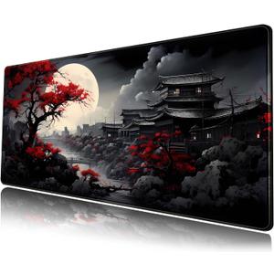 Riverside Full Moon Desk Mat Japanese Desk Pad Black Red Large Mouse Pad Gaming Mousepad Extended XXL Keyboard Pad 31.5 x 11.8 in Laptop Computer Mouse Keyboard Mat for Office Decor