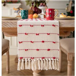Caflife Christmas Valentines Table Runner 90 Inchs Long for Farmhouse Room Home Valentine's Day Decorations, Boho Red Table Runner, Natural Cotton Woven for Holiday Kitchen and Dining Table Decor