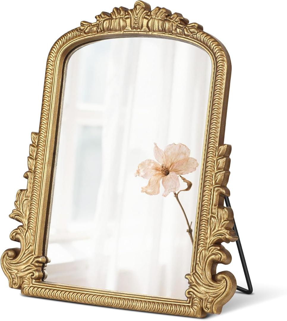 Vintage Vanity Mirror with Stand  11.8"x9.6" Gold Tabletop Makeup Mirror, Arched Decorative Mirror with Carved Engineered Wood Frame for Bedroom, Dresser, Bathroom or Desk