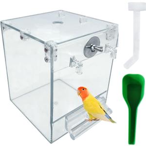 kathson Acrylic Bird Cage Bath Box,Parrot Hanging Tube Shower Box Birds Bathtub Cage Accessory with Water Injector Feeding Spoon for Small Pet Canary Lovebird Budgies Parakeets Cockatiel Conure(3 Pcs)