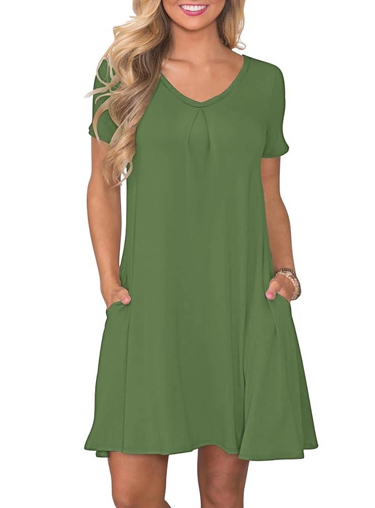 PLOKNRD Women's Casual Dress Summer Short Sleeve T-Shirt Dress Crew Neck Basic Dresses 2025 (Army Green, M)