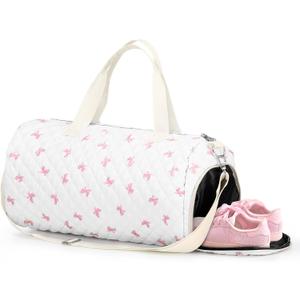 Dansydaisy Quilted Duffle Bag for Women Cotton Pink Bow Dance Bag with Adjustable Carry Strap and Handy Pouch Floral Backpack for Dancers, 18.9 x 9.45 x 8.66 inches