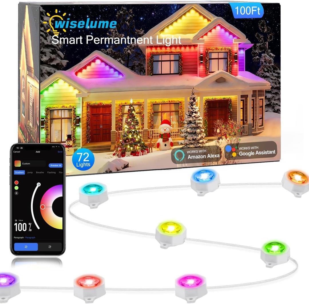 100Ft Permanent Outdoor Light with 72 LED Lights, RGB+IC Eaves Lights,Color-Changing Waterproof Lights with 63 Scene Modes,APP & Voice Control,for Christmas, Halloween, Parties, and Holiday Dcor