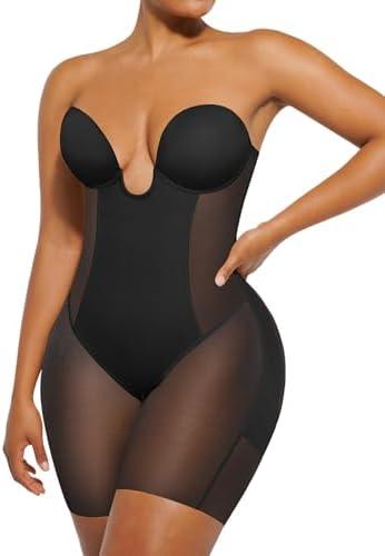 SHAPELLX Strapless Shapewear for Women Deep Plunge Corset Tummy Control Backless Bodysuit Mid Thigh Full Body Shaper Size XL