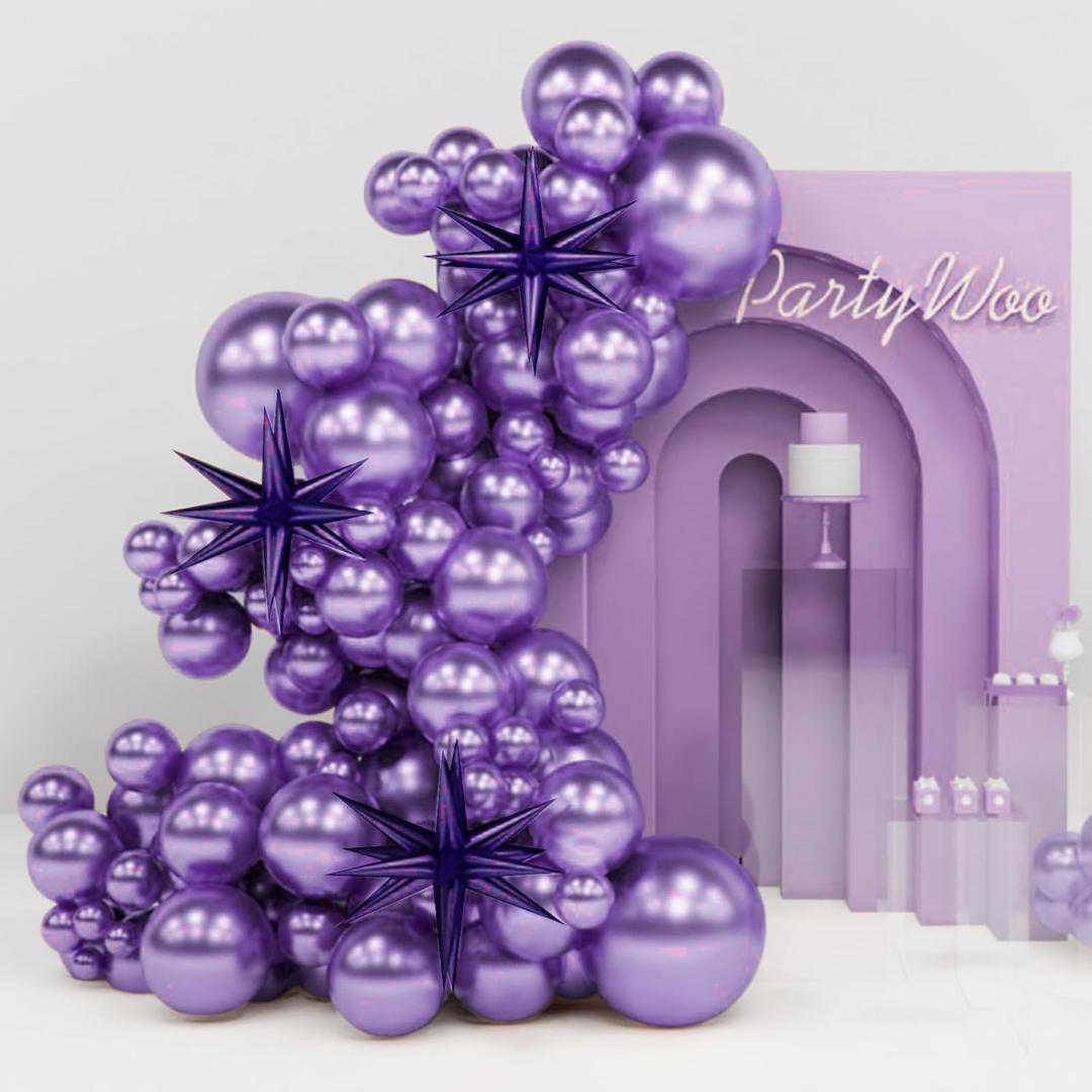 PartyWoo Metallic Purple Star Balloons 110pcs Different Sizes 18 12 10 5 Inch Pack 22 Inch Purple Spike Star Foil Mylar Balloon Arch Kit for Birthday Wedding Party Decorations Purple-G105