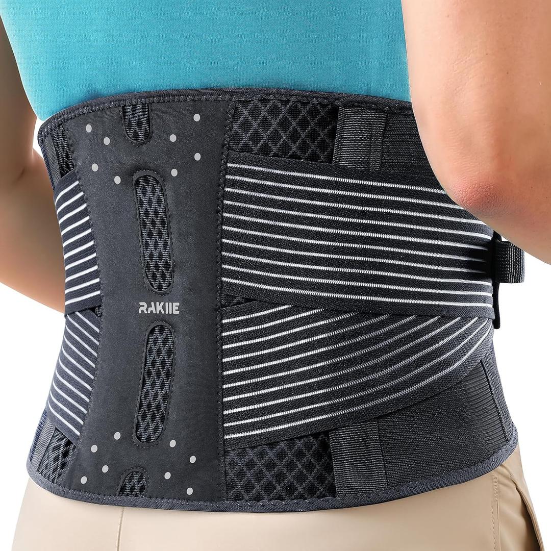Rakiie Slim Back Brace for Lower Back Pain Relief, Lightweight & Breathable Back Support Brace for Men Women, Ergonomic Light Lumbar Support for Everyday Wear, Light Gray M