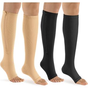 bropite Zipper Compression Socks Women & Men - 2Pairs Calf Knee High 15-20mmHg Open Toe Compression Stocking suit for Walking, C-black/Nude, Small-medium