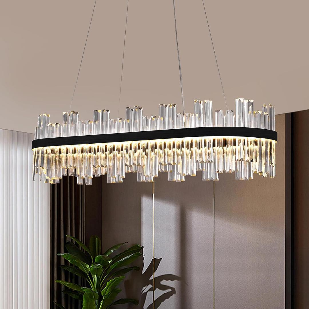 Black Led Modern Crystal Chandelier: 39.3" Rectangle Linear 3 Color Dimmable Chandeliers for Dining Room Over Table - Luxury Rectangular Contemporary Oval Light Fixture for Living Room Bedroom Foyer
