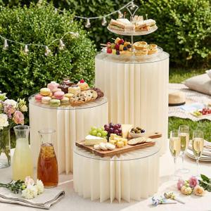 3PCS Cylinder Stands for Party with Acrylic Plates, Foldable Cylinder Pedestal Stand, Buffet Risers, Food Risers for Buffet Table, Weddings, Baby Showers, Birthday, Events Centerpieces Decor (5.9"+9.8"+15.7")