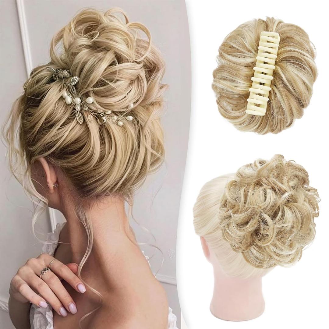 Claw Clip Messy Bun Hair Piece for Women with Ponytail Synthetic Hair Bun Extensions Wavy Curly Hair Pieces for Updos Short Hair Accessories (Dirty Blonde)