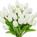 28pcs White Flowers Artificial Tulip Stems Real Feel PU Tulips for Easter Spring Wreath Wedding Bouquet Centerpiece Floral Arrangement Cemetery Table Dcor 13" Tall