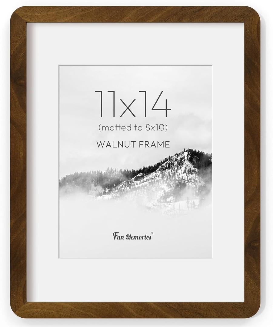 Fun Memories 11x14 Picture Frame - Solid Walnut Wood 11x14 Frame with Mat for 8x10 Photos, 11 By 14 Poster Wood Wall Frame, Horizontal or Vertical Wall Mounting, Natural Walnut