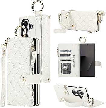 KIHUWEY for Galaxy Z Fold 7 Wallet Case with Card Holder Premium Leather Magnetic RFID Blocking Shockproof Zipper Wrist Strap Lanyard Cover for Samsung Galaxy Z Fold 7 8.0 Inch (White)