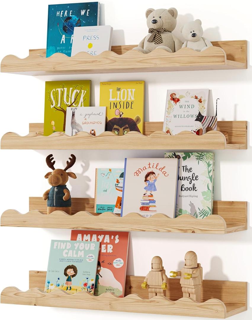 Nursery Book Shelves, 4-Pack Wood Floating Shelves for Wall Kids, Scalloped Shelves, Wall Book Shelves for Bedroom Kids, Toddler Room, Baby Room, Nursery Decor(Wood, 36 Inches)
