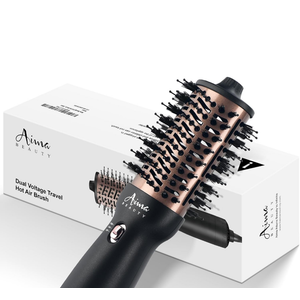 Aima Beauty 4 in 1 Worldwide Travel Hot Air Brush Dual Voltage Blowout Brush Oval Shape One Step Hair Volumizer Straightener Blow Dryer Brush Negative Ionic Lock Moisture Gift 360° Swivel Cord Black