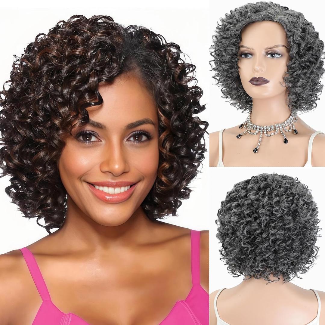 XIUFAXIRUSI XIUFAXIRUSI Short Curly Afro Wigs for Black Women Grey Kinky Curly Full Hair Wig Synthetic Natural Salt N Pepper Heat Resistant Wigs for Daily Use