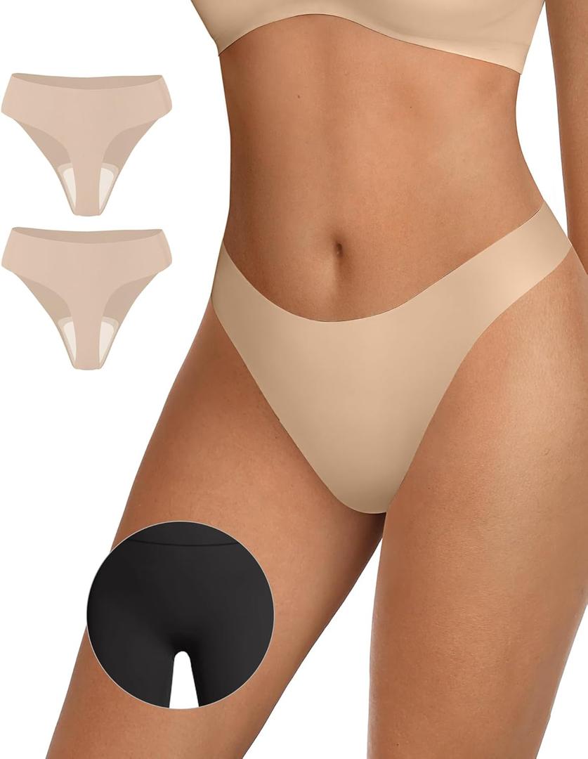 OEAK Seamless Thongs for Women Invisible Thongs No Show Thong Panty Liners Tangas Comfortable Workout G-Strings Underwear (X-Small, 2*skin Nude)