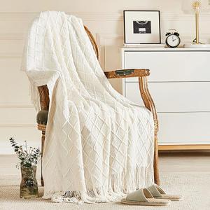 inhand Knitted Throw Blanket for Couch and Bed, Soft Living Room Home Decor Knitted Blanket with Tassel, Outdoor Lightweight Breathable Summer Blanket, Farmhouse Warm Woven Decorative, 50"x60" (A(off White))
