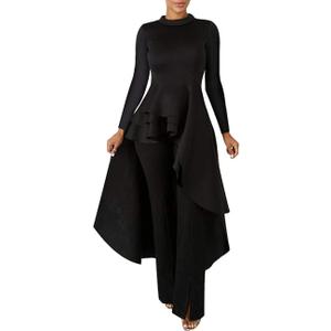 Lrady Women Ruffle High Low Asymmetrical Long Sleeve Peplum Tops Blouse Shirt Dress (Large, 2# Black ( Crew Neck ))