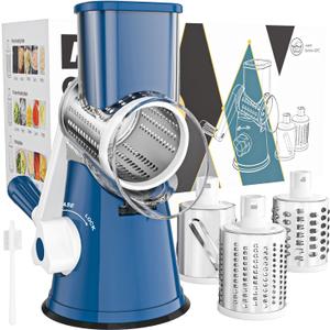 Cambom Rotary Cheese Grater Hand Crank Cheese Shredder for Fresh Cheese, Vegetable, Nuts,Non-slip Suction Base, Free Cleaning Brush Three Blades,Deep Blue (3 BLADES, Dark Blue)