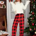 Women's Christmas Fleece Winter Warm Elastic Waist Funny Holiday Xmas Lady Pants Buffalo Plaid with Pocket L