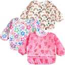 PandaEar 3 Pack Waterproof Baby Long Sleeve Bibs for Girls, Lightweight Toddler Art Smock with Catch-All Pocket, Washable Mealtime Bibs for Eating & Messy Play, Fits 6-24-36 Months