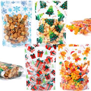 60pcs Christmas Treat Bags,Christmas Plastic Resealable Candy Gift Bag with Handle,Transparent Snowflake Gingerbread Sealing Goodie Pouch for Xmas Winter Holiday Party Favors Decorations,9X6inch (Colorful)