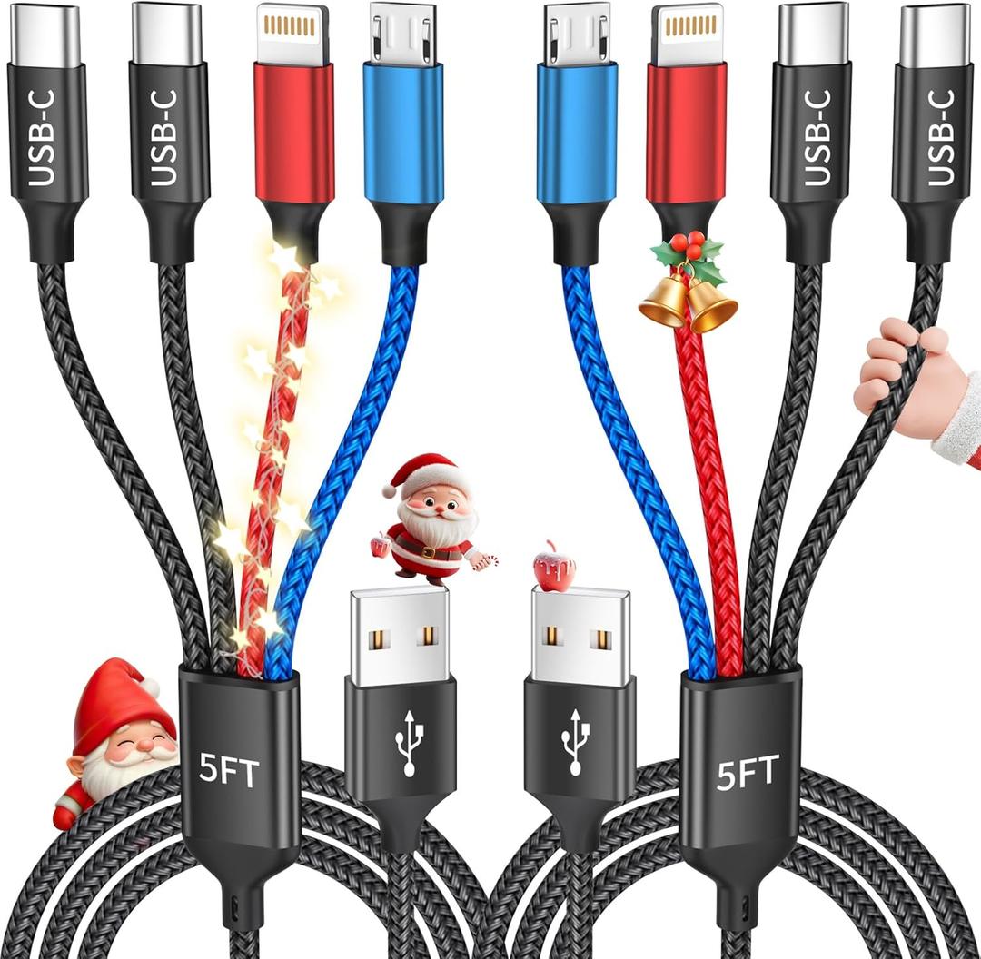 Dual Type-C 4 in 1 Multi Charging Cable for Multiple Devices with Lightning/Micro/2 USB-C, USB Cable Multiple iPhone Charger Cord, Travel Charger for iPhone17-8 Android iPad, Christmas Gift - 2Pcs 5FT