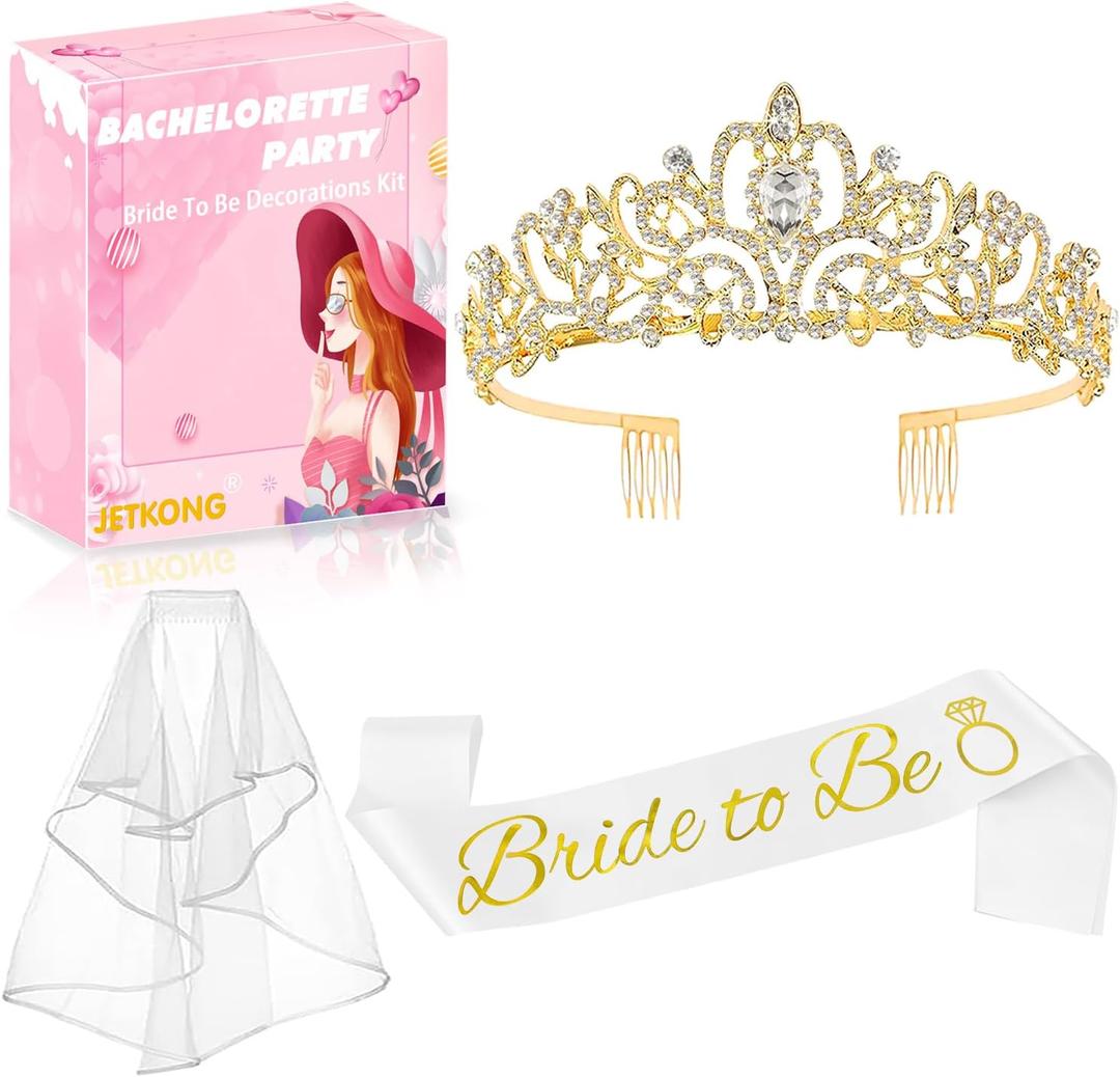 JETKONG 3 Pcs Bachelorette Party Decorations Bridal Shower Crown, Bride to Be Sash&Veil for Women Bachelorette Party Gifts, Bachelorette Party Supplies, Gifts, Favors (Gold)