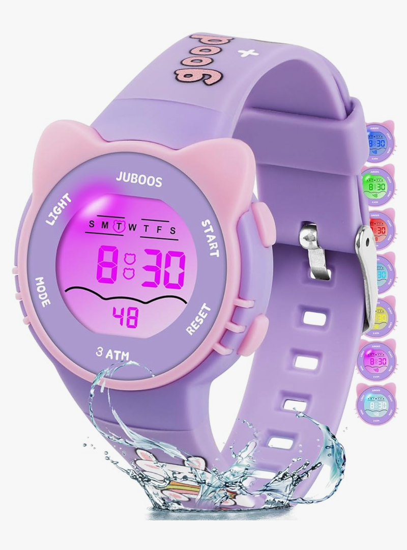 Juboos Kid's Digital Watch for Boys and Girls, Waterproof LCD Digital Sports Kids Watch with 7 Color LED Lights, Stopwatch, Alarm Purple
