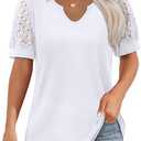 OFEEFAN Womens Tshirts Notch Neck Tops Lace Short Sleeve Tops Dressy Casual Blouses Loose Fit (White)