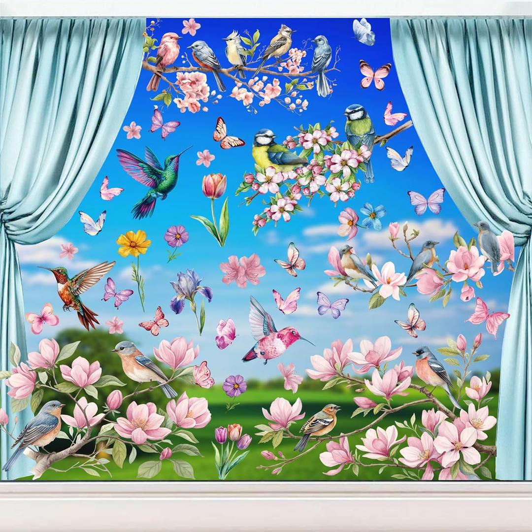 9 Sheets Window Stickers Spring Flowers Bird Window Stickers Colourful Butterfly Flower Window Stickers Self-Adhesive Double Sided for Glass Showcases Bedroom Living Room Bathroom