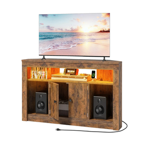 GYIIYUO Full Wooden Corner TV Stand with Power Outlet and LED Light for 50 55 inch TV, Corner Entertainment Center with Cabinet and Open Storage Shelves, Rustic Brown