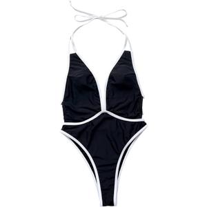 Floerns Women's Contrast Binding One Piece Swimsuit High Cut Halter Tie Backless Monokini (Black, L)