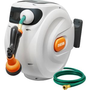 Retractable Garden Hose Reel,1/2 Inch x 100ft Wall Mounted Hose Wall,180 Swivel Bracket,With Built-in Nozzle,Slow Retraction Any Length Lock.