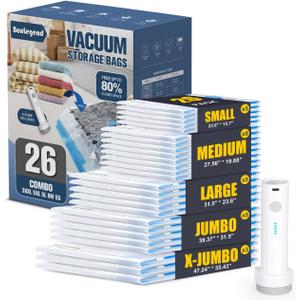 BoxLegend Vacuum Storage Bags with Electric Pump 26 Combo (3X-Jumbo, 5 Jumbo, 5 Large, 8 Medium, 5 Small) Thickened Vacuum Seal Bags for Clothing Space Saving for Coat Quilt Blanket Pillow Comforters