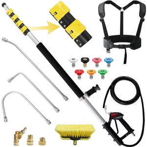 JANZ 24 FT Pressure Washer Telescoping Wand with Extension Wands
Gutter Cleaner Attachment, 7 Spray Nozzle Tips, 2 Hose Inlet Adapters, Pivoting Coupler and Support Harness