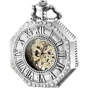 BOSHIYA Vintage Mechanical Pocket Watches for Men Luminous Steampunk Pocket Watch with Chain Black Skeleton Dial Roman Numberals Pocketwatch Gifts for Fathers Day