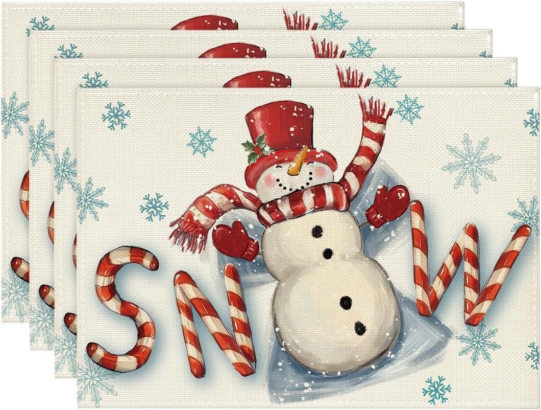 Artoid Mode Red Snow Snowman Winter Placemats Set of 4, 12x18 Inch Seasonal Holiday Christmas Place Mats for Party Dining Table