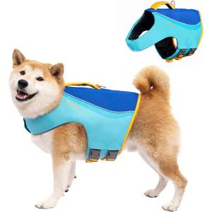 Tuff Pupper Dog Life Jacket | High Buoyancy Dog Swim Vest with Rescue Handle | Adjustable Secure Fit | Reflective Safety Trim | Pet Flotation Jacket for Swimming Boating Kayaking (Blue/Yellow, M)