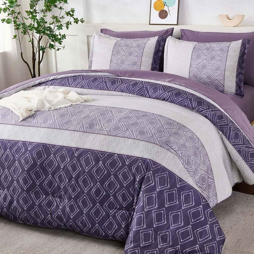 Dinjoy Purple King Size Comforter Set,Striped Boho Bed in a Bag King 7 Pieces Soft Microfiber Warm Fall Bedding Comforters Sets Modern Complete Bed Set for Women All Season