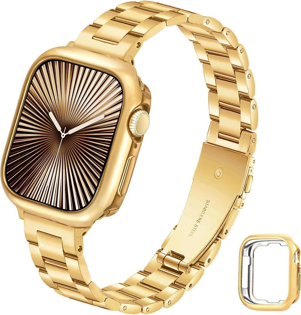 Slim Metal Band for Apple Watch Bands for Women 41mm 40mm 38mm Gold iWatch Bands with Protective Case, Stainless Steel Thin Dressy Fancy Strap for Apple Watch Band Series 9 8 SE 7 6 5 4 3-Gold