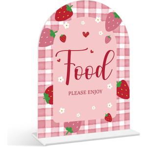 Food Please Enjoy Sign - Strawberry Baby Shower Sign, 1 Pack Arch Acrylic Sign with Stand, Gender Reveal Party Table Decor, Berry Baby Shower Supplies (SE25)