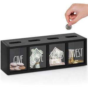 Wooden Give Save Spend Invest Money Saving Box for Kids, Countertop Kid Piggy Bank for Daily Cash, Wall-Mount Kids Banks for Bills and Coins, Visualized Piggy Bank for Living Room, Laundry Room (Black-large)