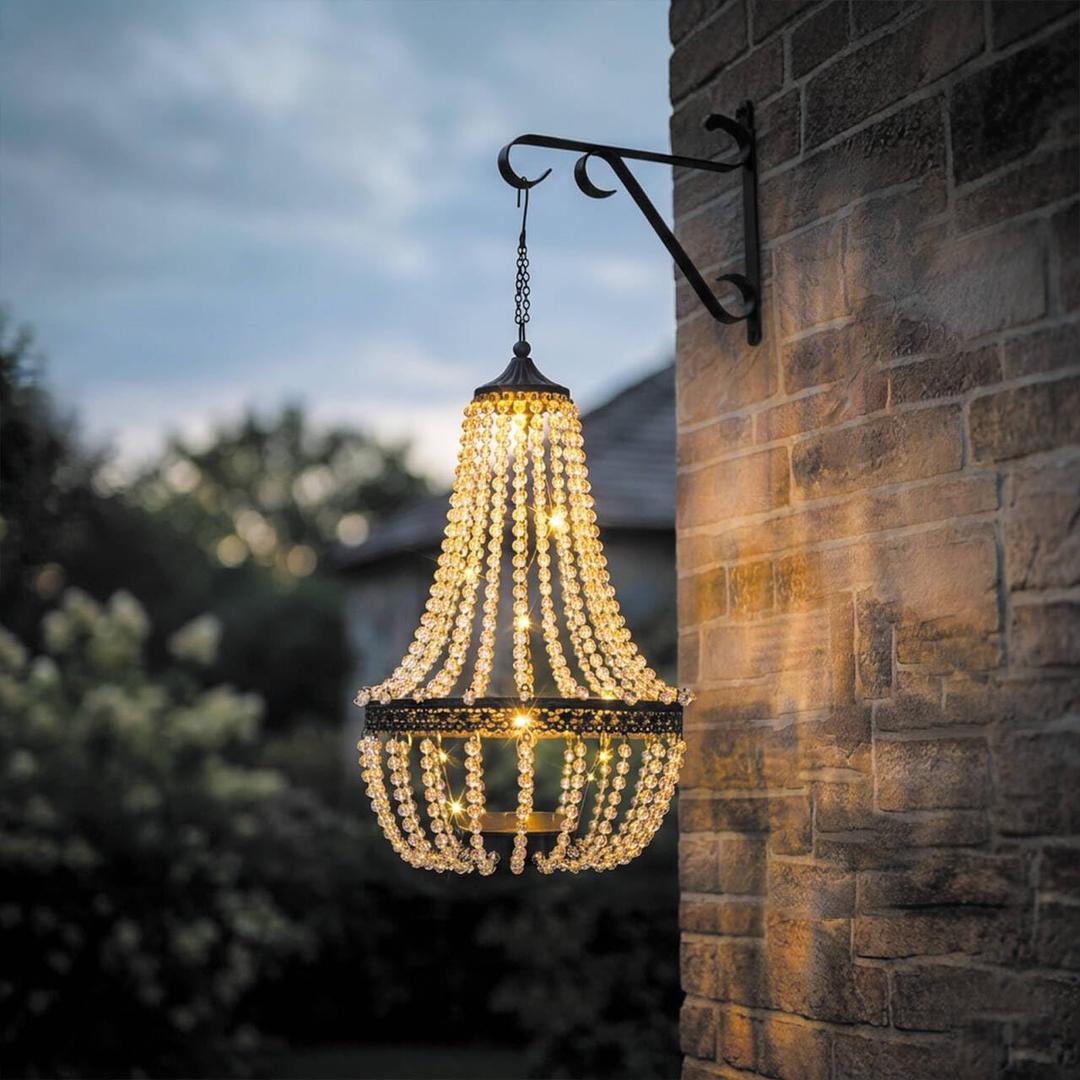 Hanging Solar Chandelier Outdoor Lantern, 30 Warm White Lights Acrylic Clear Beaded Chandelier with S Hooks Modern Lantern for Garden Yard Patio Gazebo Decorations, 28”H