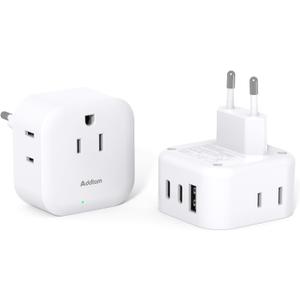 2 Pack European Travel Plug Adapter, US to Europe Plug Adapter with 3 Outlets 3 USB Charging Ports(2 USB C), Type C Adapter Travel Essentials to Most Europe EU Spain Italy France Germany Iceland