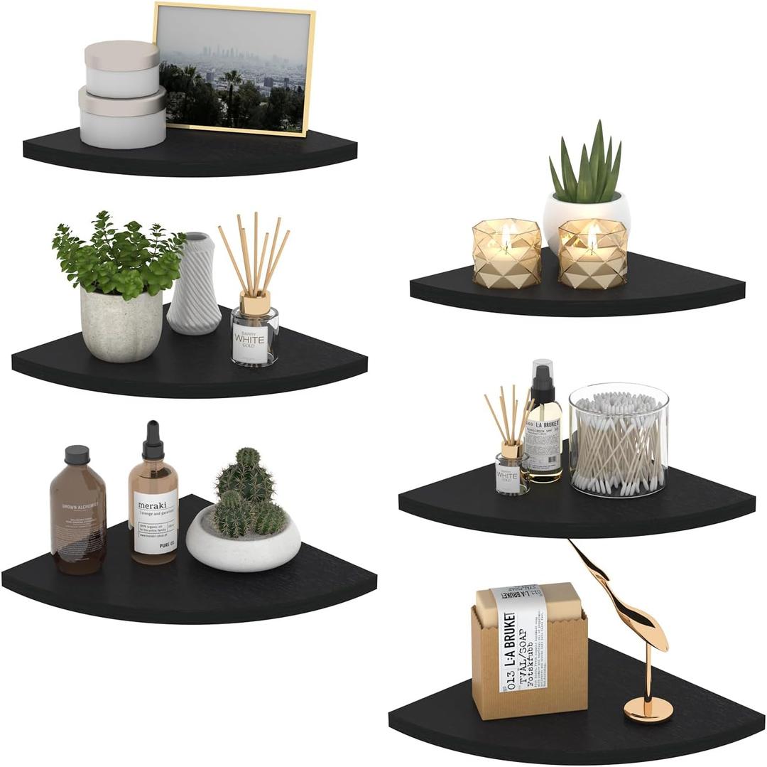 HORLIMER Floating Corner Shelf Wall Mount, Set of 6 Rustic Wood Corner Wall Shelves for Bedroom, Living Room, Bathroom, Kitchen (Black) (Fan-Shaped)