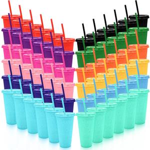 YOUKE OLA 72 Pack Glitter Plastic Cups with Lid and Straw, 24 oz Bulk Reusable Cup for Coffee Cup for Adult Birthday Party (Mix Color)